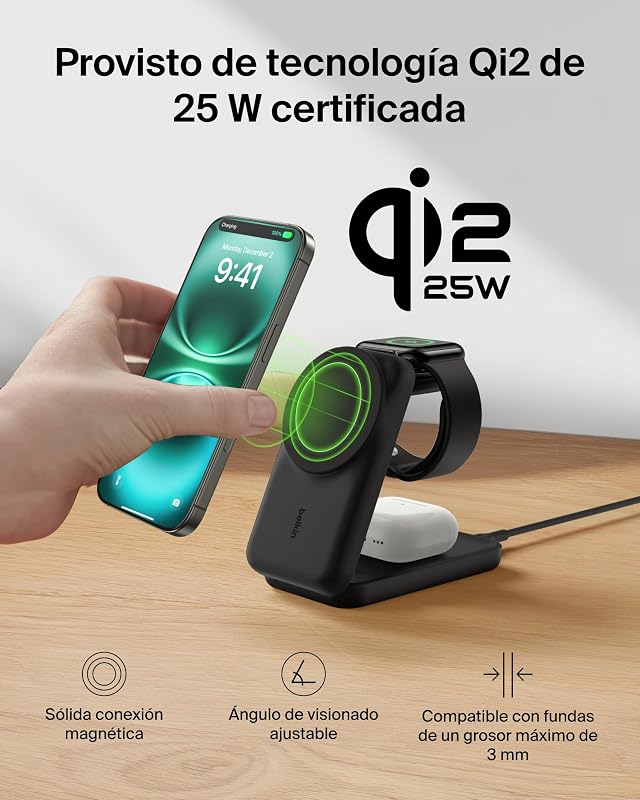 Carregador sem fios UltraCharge 3 em 1 Qi2, 25W, carregador magnético compatível com MagSafe, estação de carregamento para iPhone 17, Air, Apple Watch, AirPods, Pixelsnap, adaptador de 45W - Preto