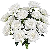 Floweroyal 15PCS White Roses Artificial Flowers 4.33" Velvet Flowers with Long Stem Fake Roses for Valentine's Day, Wedding Bridal Bouquets, Floral Arrangement, Table Centerpieces, Home Decorations