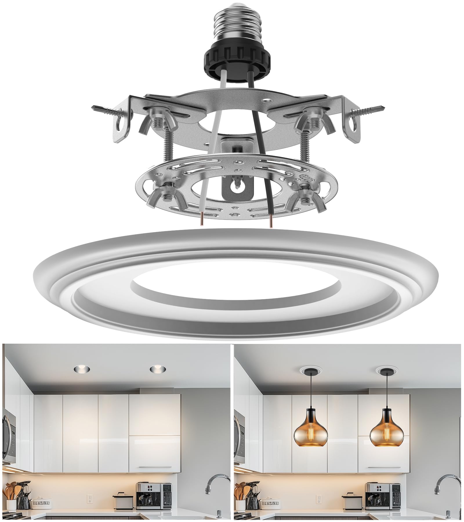 Photo 1 of tebio 5" and 6" Recessed Can Light Conversion Kit, Light Fixture Upgrade, Pendant Light, Fan Compatible, Includes 7¾ Inch Decorative Plastic Medallion, White Finish