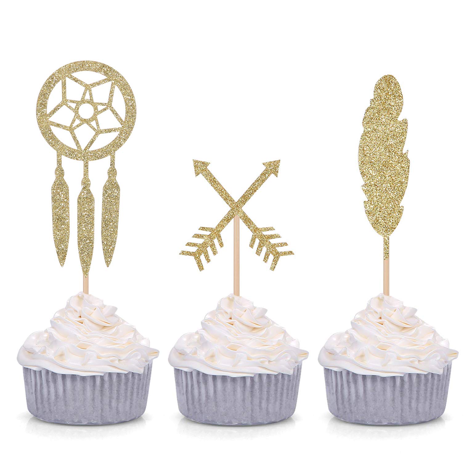 Photo 1 of 24 Counts Gold Glitter Boho Cupcake Toppers Arrow Feather Dreamcatcher Decorations for Baby Shower - Birthday Party