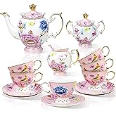 ACMLIFE Tea Set for Adults- 24K Gold Fine Bone China for 6, 21-Piece Vintage Porcelain Coffee Set High Tea Set Tea Pot Sets with Cups Tea Party Set Adult Christmas Gift (Pink, Extra Large 21)