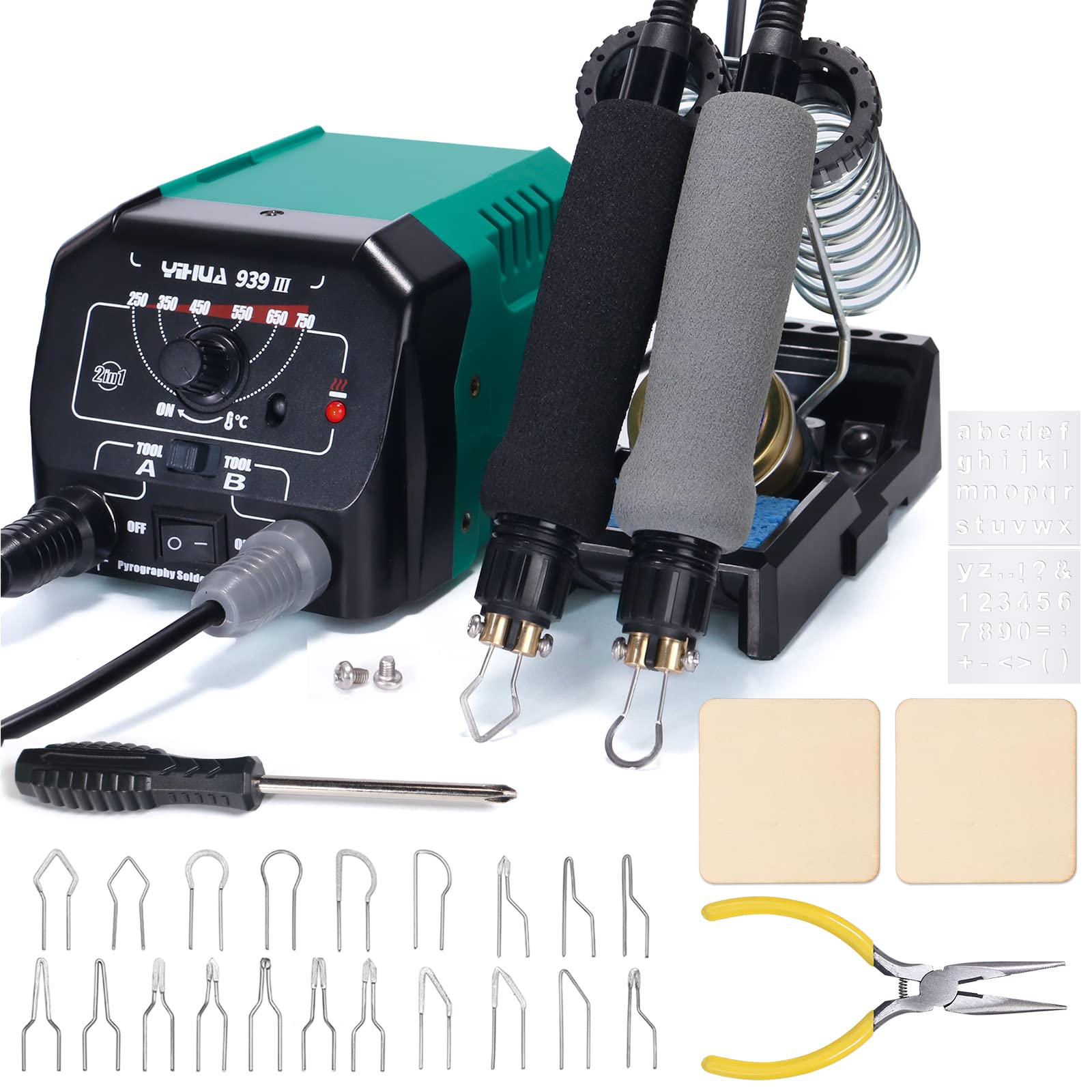 YIHUA 939 III Dual Pen Pyrography Station 2-in-1 Wood-Burning Tool with Two Wood-Burning pens 250-750°C Temperature Adjustable 20 Detailer nibs and 7 Essential Accessories and Tools Included