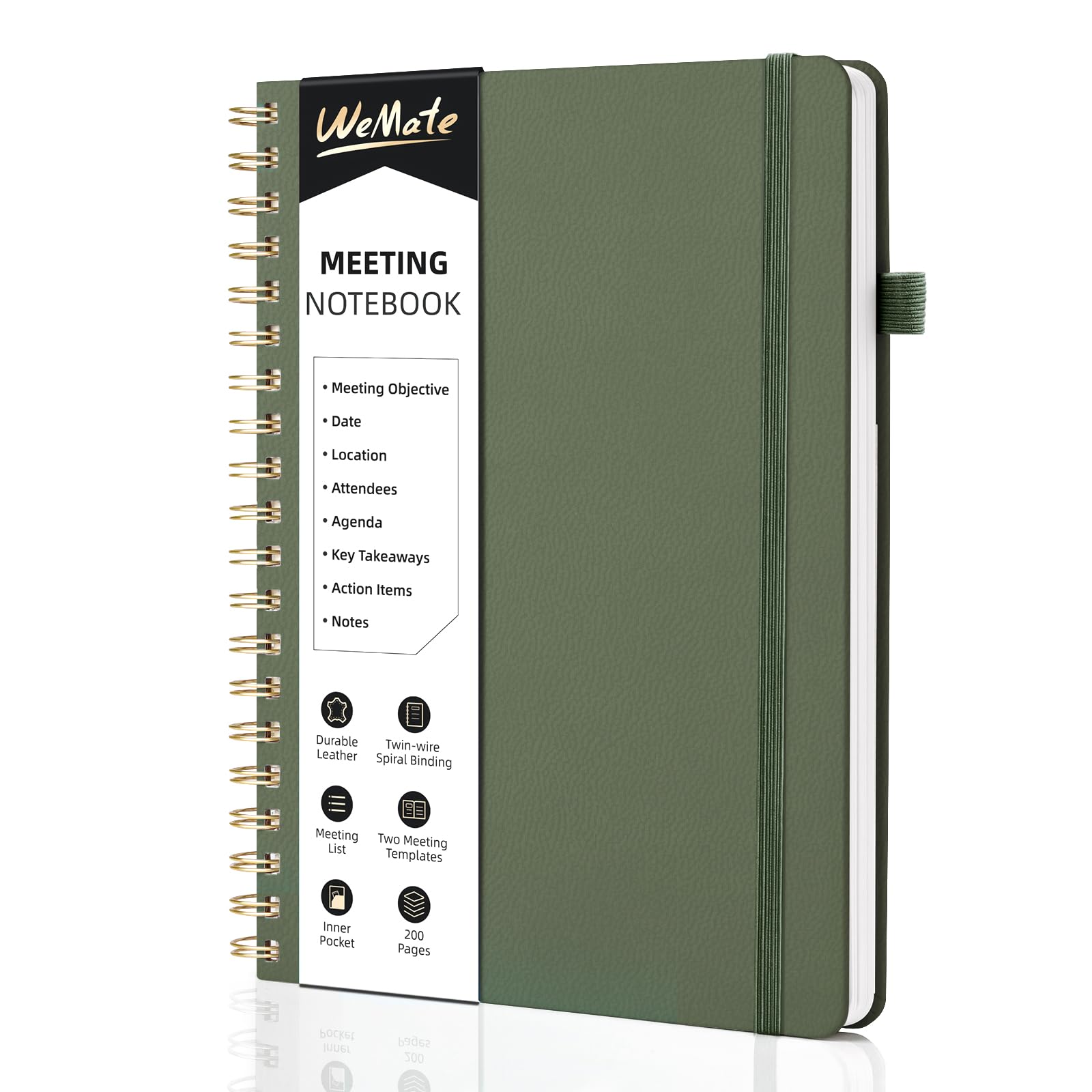 WEMATE Meeting Notebook B5 (7"x10") - PU Leather Planner Notebook with Agenda, Action Items & Notes - 200 Pages for Men&Women, Staff and Students, Meeting, Projects Planning - Olive Green