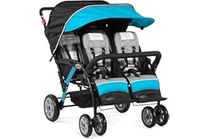 Gaggle by Foundations Compass Quad 4 Seat Stroller | 4-Seat Stroller for Daycare | Oversized UV Blocking Canopy | 5-Point Harness | Easy Loading | Storage Bucket | Teal