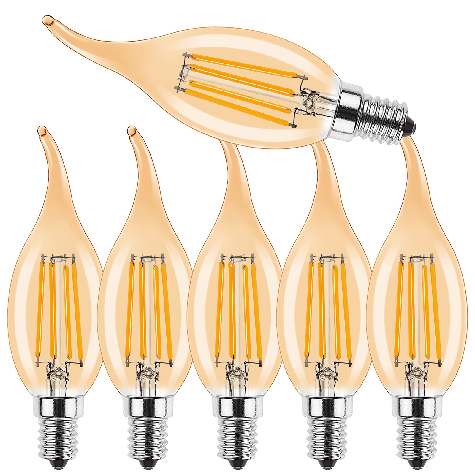 ProCrus E14 LED Light Bulb,4W Dimmable Candle Vintage Lamp,Small Edison Screw SES LED Bulb Candle Shape for Chandelier,2700K Warm White,4W LED Bulb Replaces 40 Watt,400LM,Dimmable,Amber,Pack of 6
