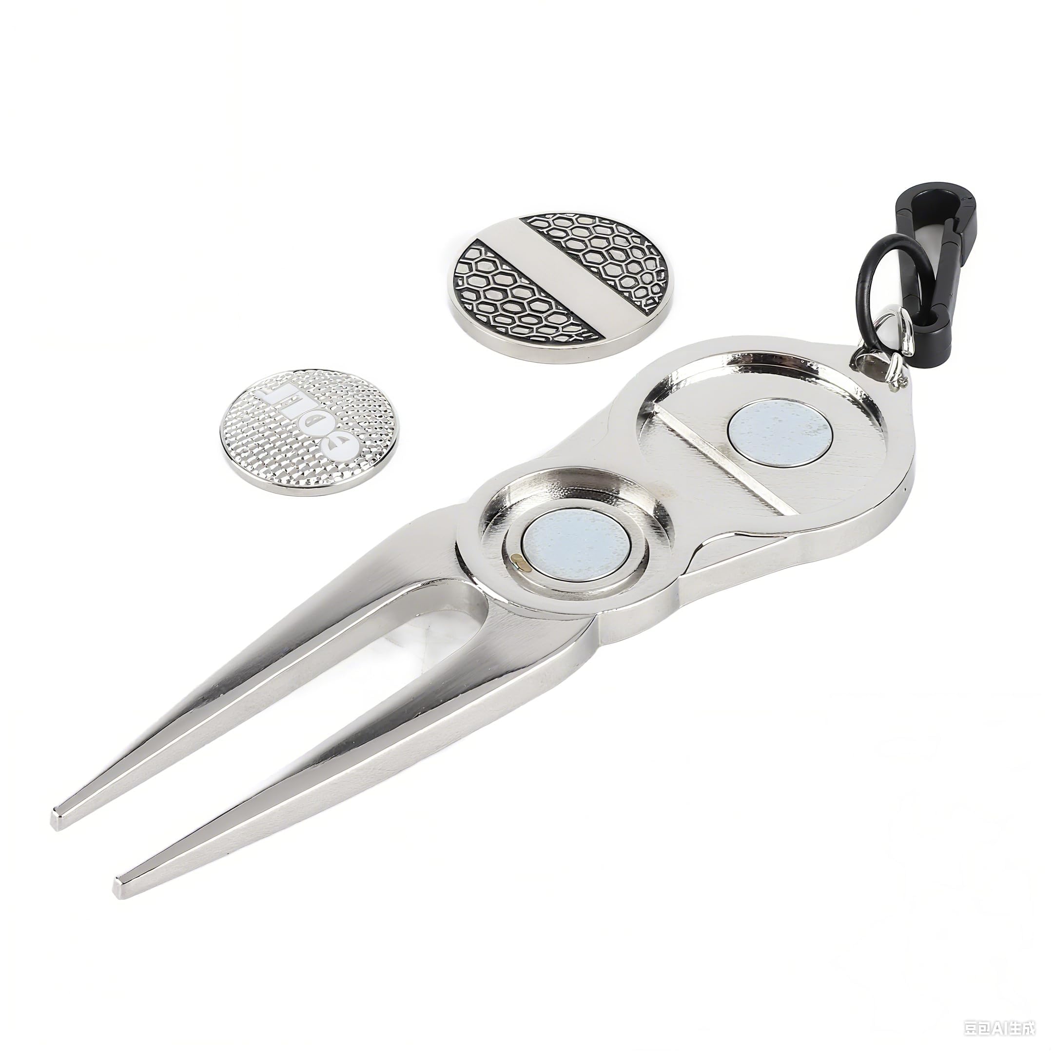 Portable Metal Divot Tool with 2 Magnetic Ball Markers, Golf Green Fork for Divot Repair Groove Cleaning & Club Rest