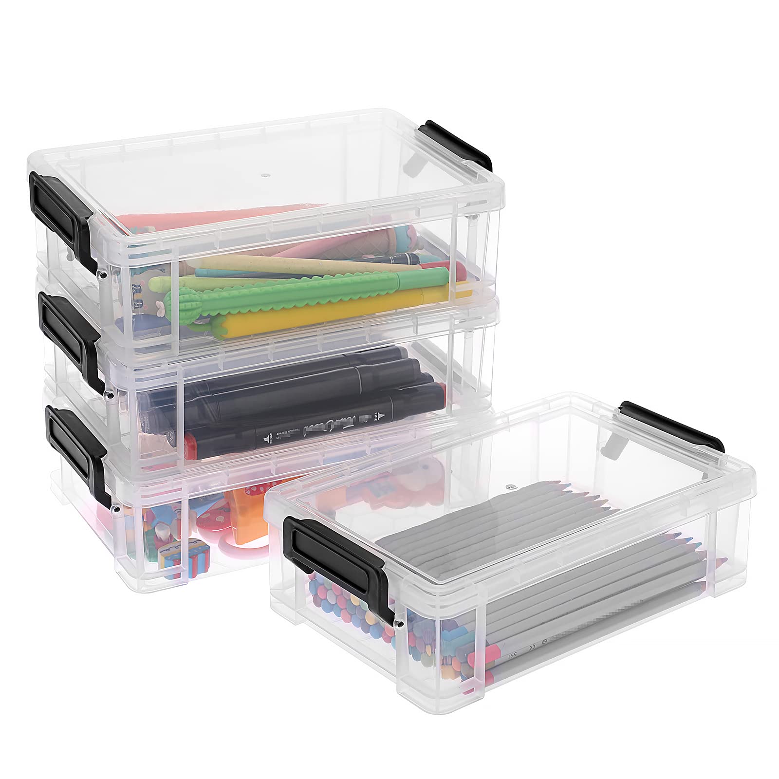 BTSKY Set of 4 Stackable Transparent Pen Boxes, Office Supplies Storage Boxes, Multifunctional Storage Boxes, 19.5 x 12 x 6 cm Intermediate Size (Black Buckle)