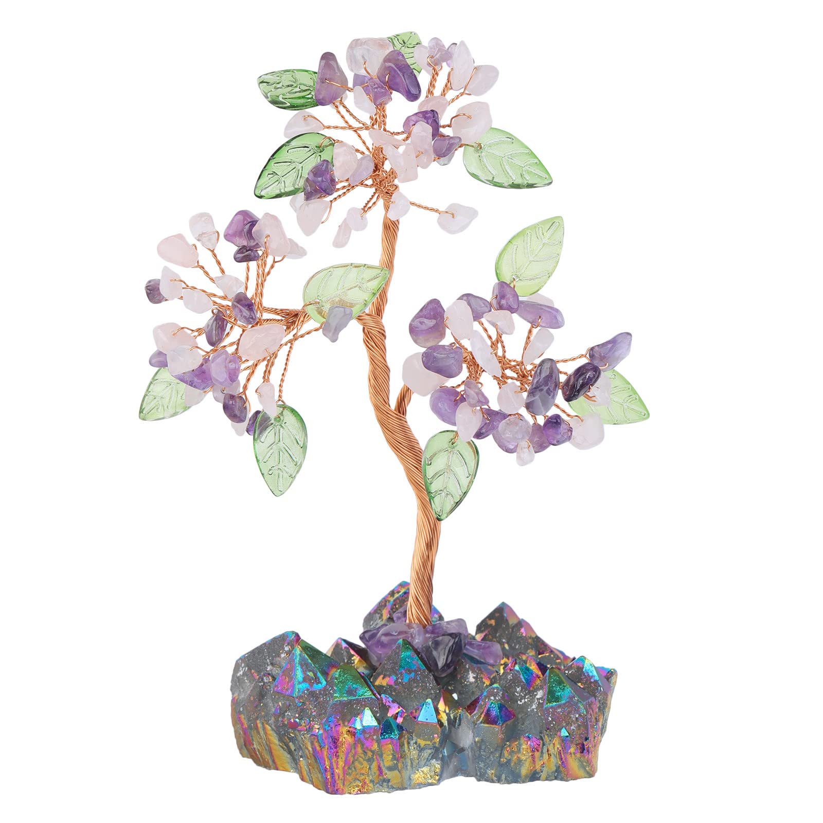 Nupuyai Amethyst & Rose Quartz Crystal Money Tree with Rainbow Titanium Crystal Base, Fengshui Tree of Life Figurine Healing Stone Gem Tree Ornament Good Luck Home Office Decor