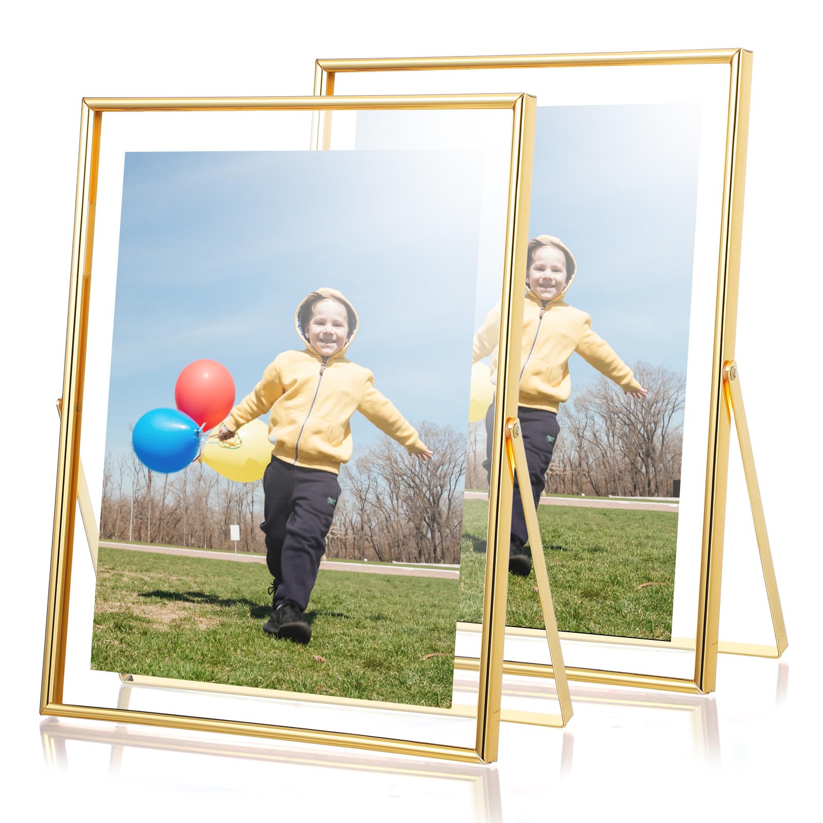 Photo 1 of 2 Pcs Gold Floating Picture Frame, Tempered Glass Frame, for Tabletop Display, Gold Metal Display, for Multi Size Photos(8 x 10 inch)