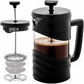 OVENTE 34oz French Press Coffee Maker with 4-Level Filtration, Black FPW34B | Heat-Resistant Borosilicate Glass Cafetiere, Dishwasher Safe Stainless Steel Filter, Compact Cold Brew for Travel and Camping