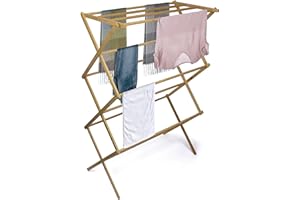 BROOKSTONE, Eco-Friendly Bamboo Drying Rack, Collapsible Laundry Clothes Hanger, 10 Hanging Bars, Minimalist Space Saving Design