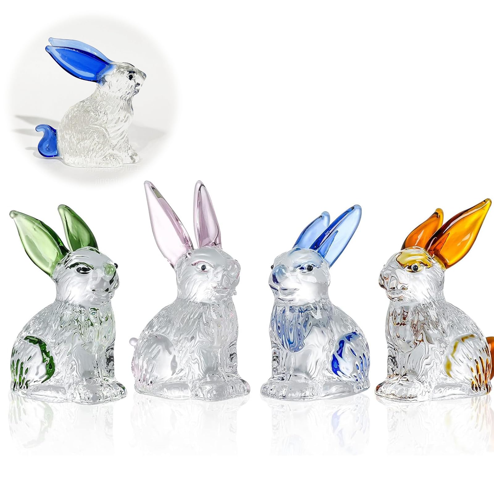 Vokowin 4 pcs Little Glass Rabbits Figurines Cute Crystal Bunny Collectibles Statues Animal Decor Ornament Table Centerpiece Handmade Colorful Glass Art Animals Collectible Gift Home Decor (K395-4)
