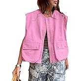 Tankaneo Womens Casual Zip Up Vest Cargo Oversized Ruched Hem Sleeveless Blazer Jackets Tops