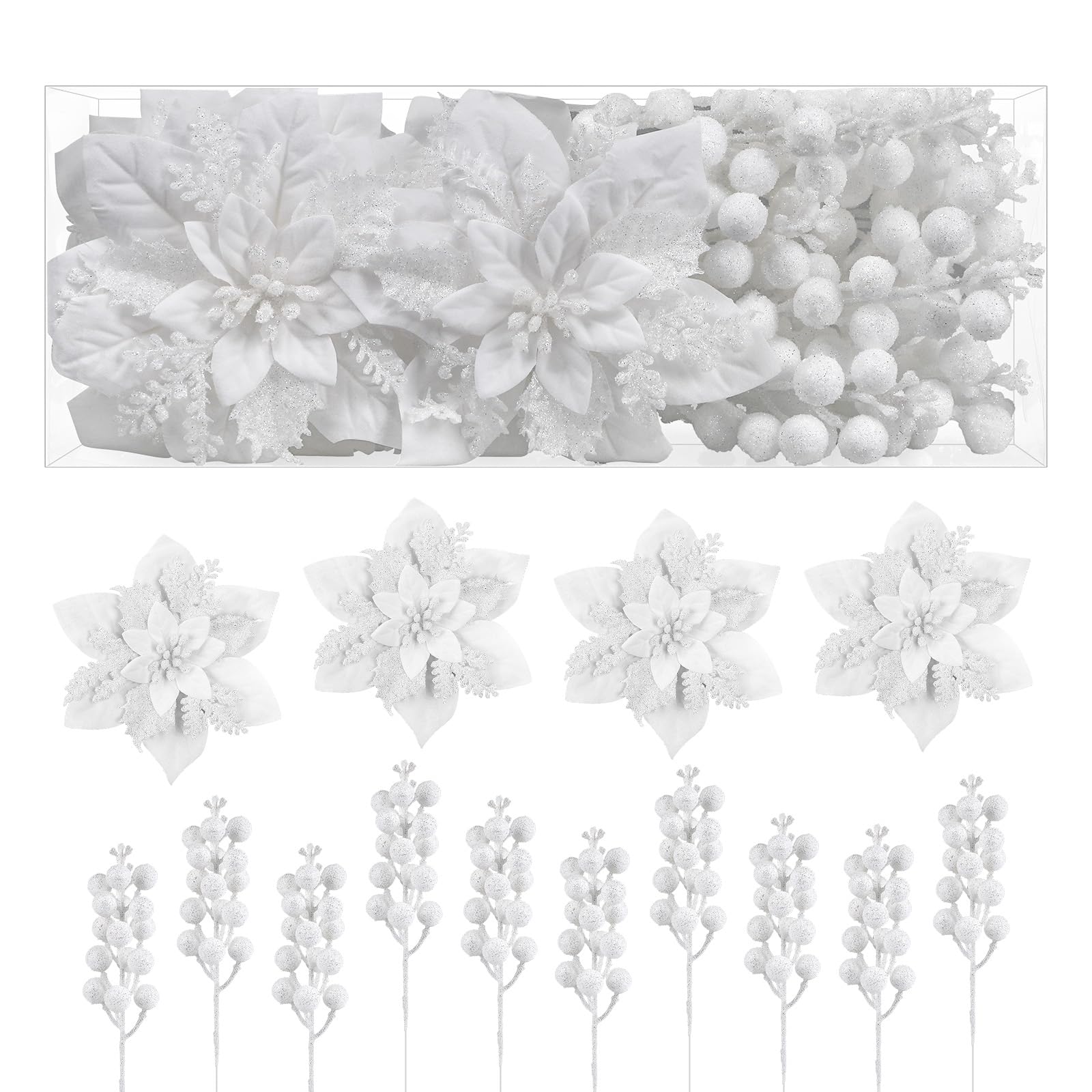 Photo 1 of Alupssuc 24 Pieces Christmas Tree Decorations, 12 PCS White Poinsettia Flowers Artificial and 12 PCS Glitter Christmas Tree Picks for Christmas Decorations Party Wreath Fireplace Stairs, White