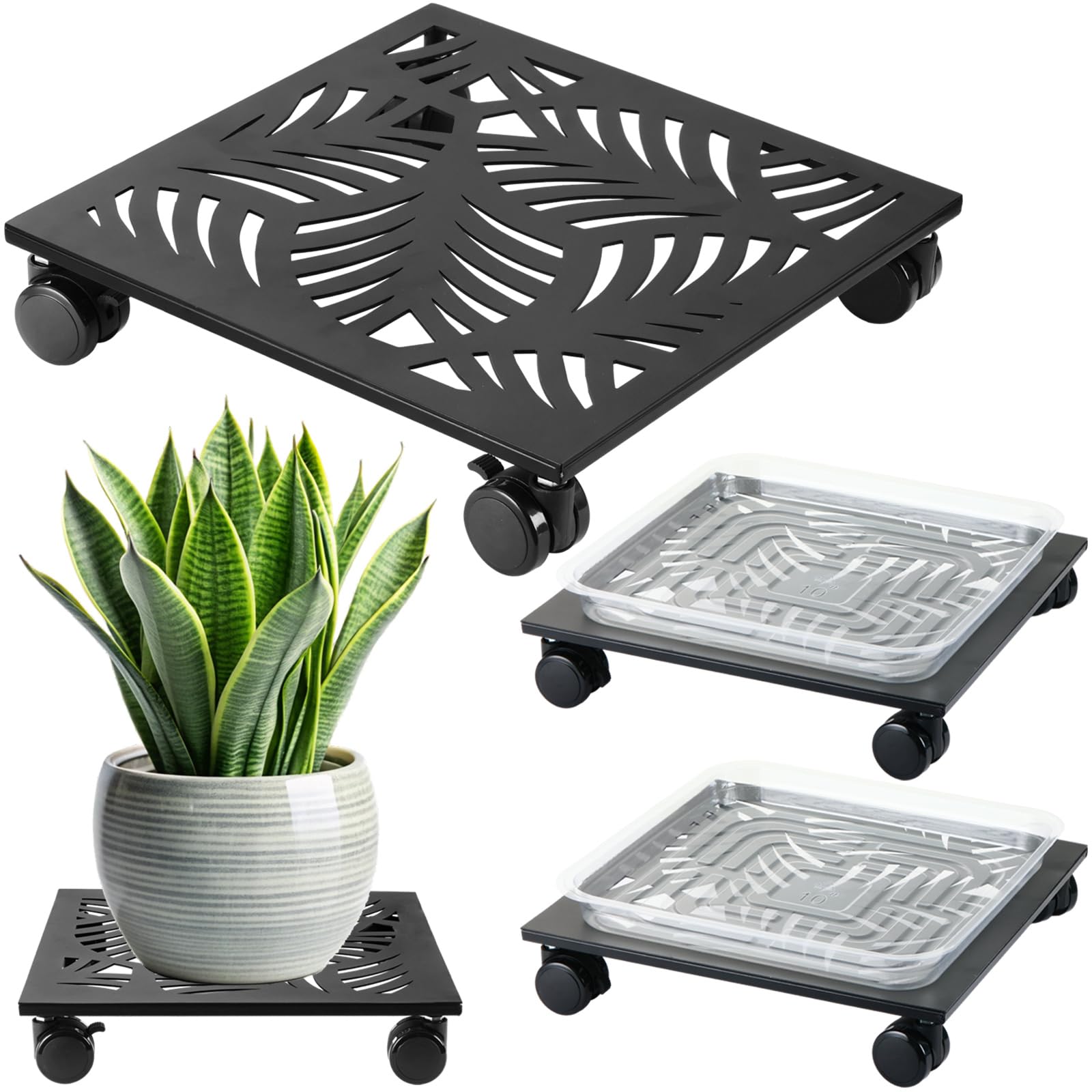 Photo 1 of 2 Packs 12" Metal Square Plant Caddy with Wheels Large Iron Rolling Plant Stand with Casters Heavy-Duty Plant Dolly Coaster Plant Pot Mover Roller Base for Indoor Outdoor, Black
