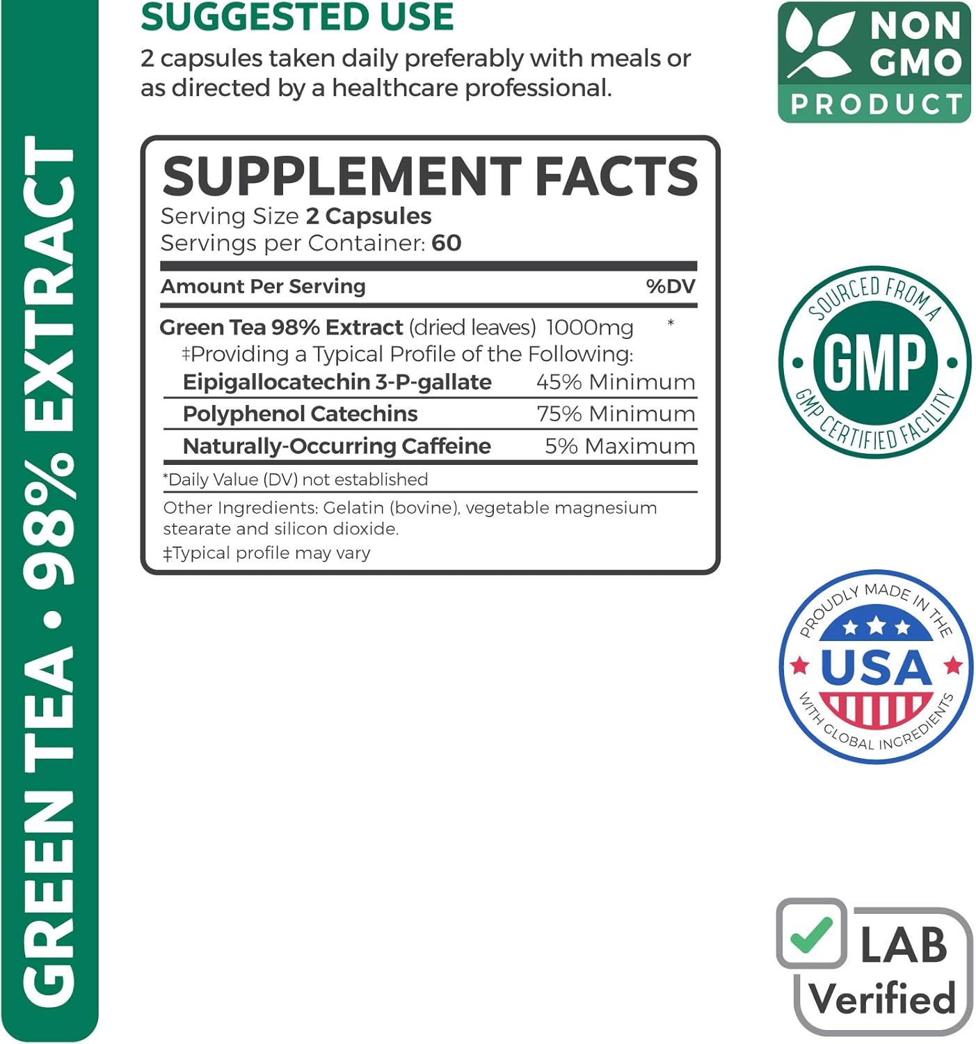 Green Tea 98% Extract with EGCG - 120 Capsules (Non-GMO) for Weight Loss & Metabolism Boost - Natural Diet Pills - Leaf Polyphenol Catechins - Antioxidant Supplement - 1000mg (500mg per Capsule): Health & Personal Care