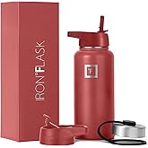 IRON °FLASK Camping & Hiking Hydration Flask with Straw, Wide Mouth Insulated Stainless Steel Sports Water Bottle - 32 oz Rusty Red