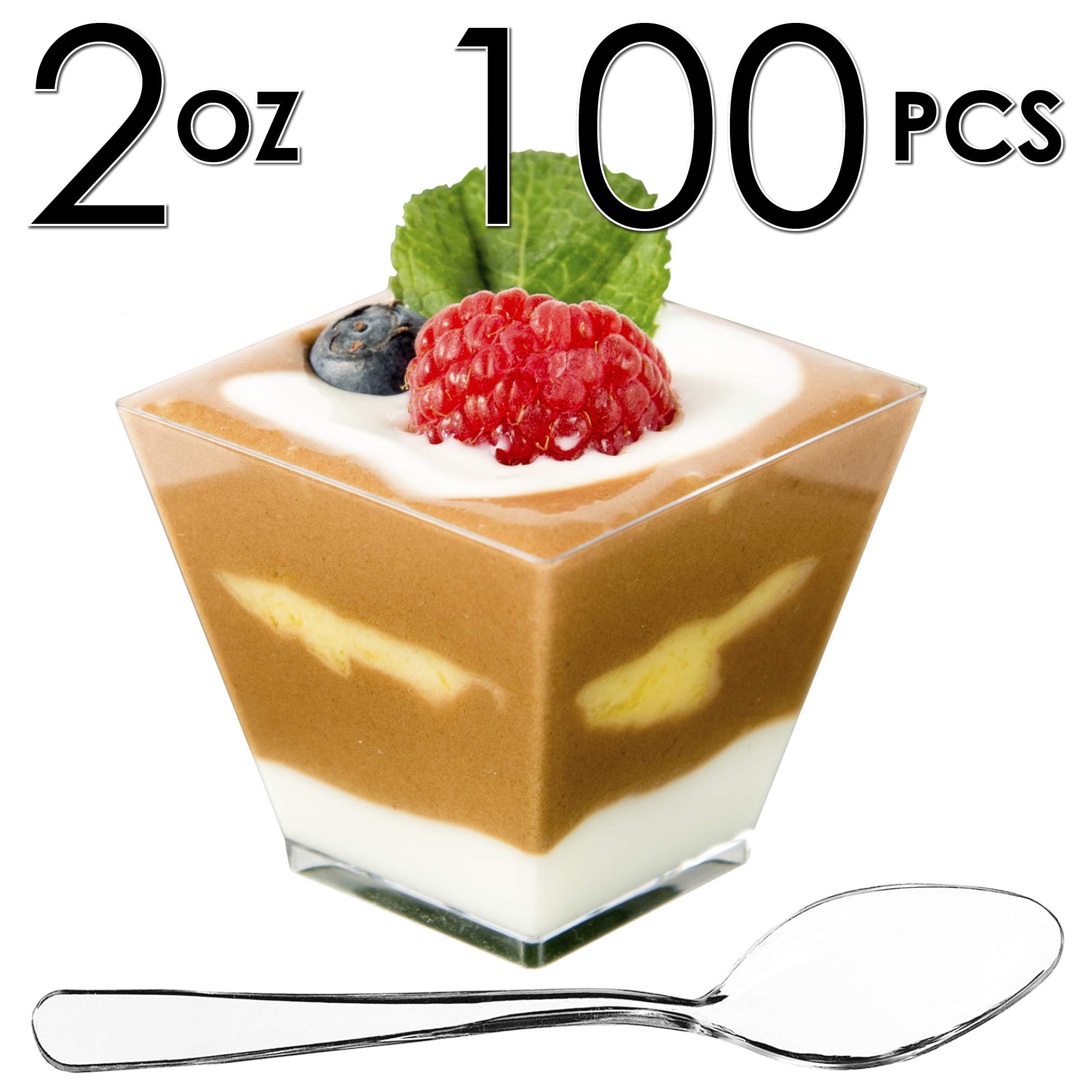 DLux 100 x 2 oz Mini Dessert Cups with Spoons, Square Short Clear