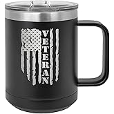 Rogue River Tactical USA Tattered American Flag Veteran Heavy Duty Stainless Steel Black Coffee Mug Tumbler With Lid Novelty Cup Great Gift Idea