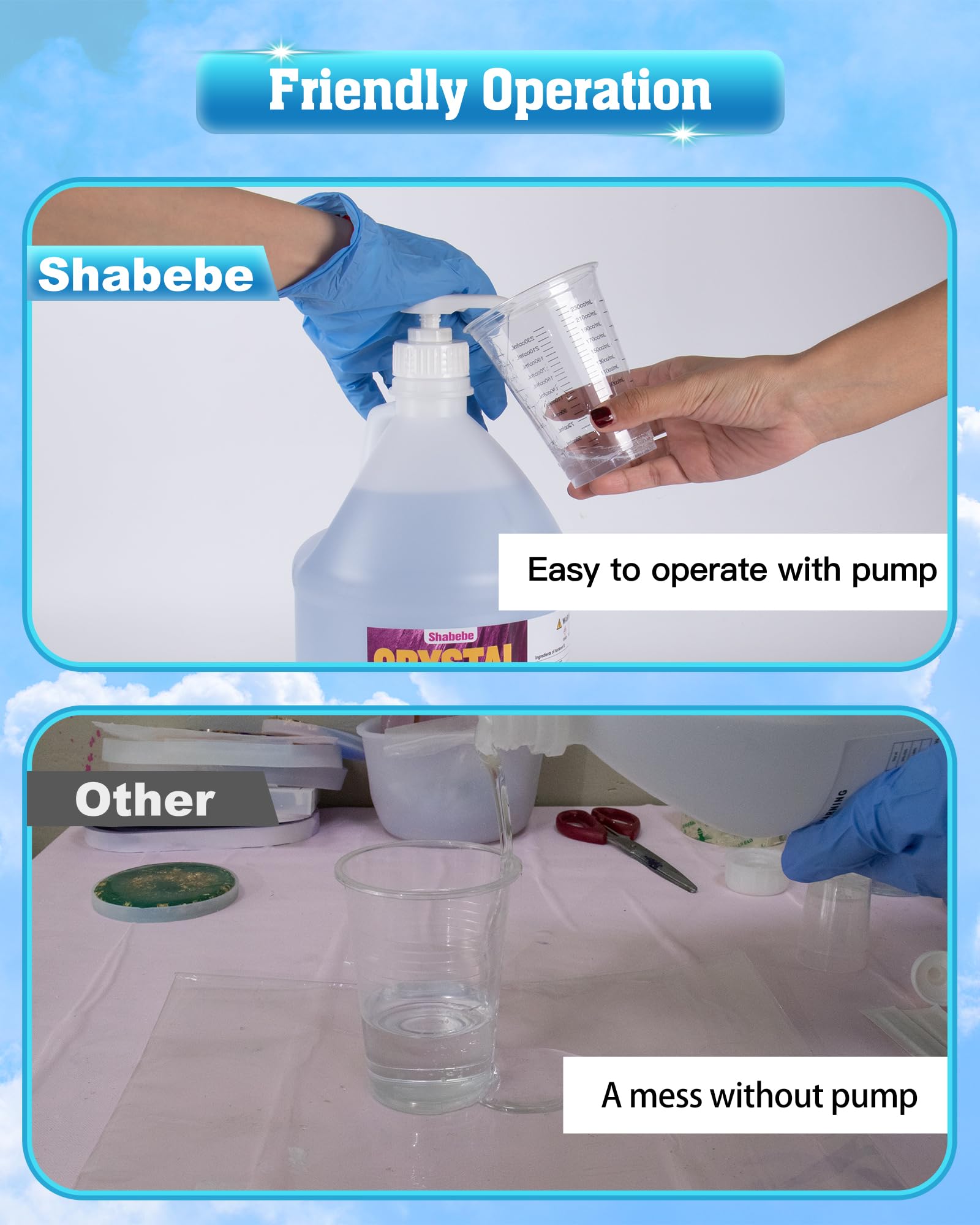 Shabebe Epoxy Resin 2 Gallon Kit, Upgraded Crystal Clear Resin Epoxy Food Safe with Pump, Self Leveling & Bubble Free High-Glossy with Anti-Yellowing for Coating, Casting, Jewelry Making, DIY Craft