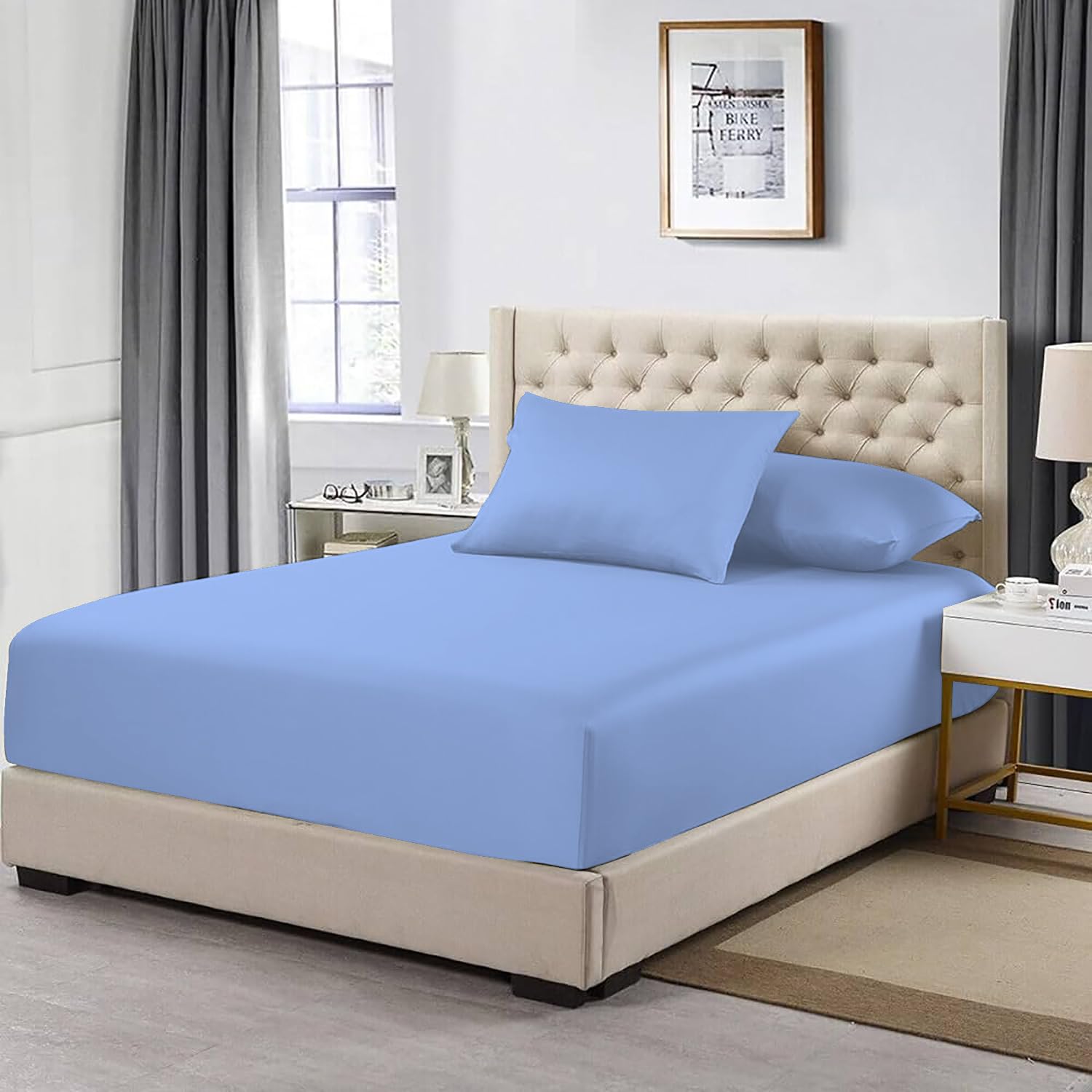 MistyMorning Extra Deep Fitted Sheet 16''/40cm, Egyptian Cotton bed sheets with 200 Thread Count, Soft & Premium quality Bedding & Linen (Sky Blue, Super King)