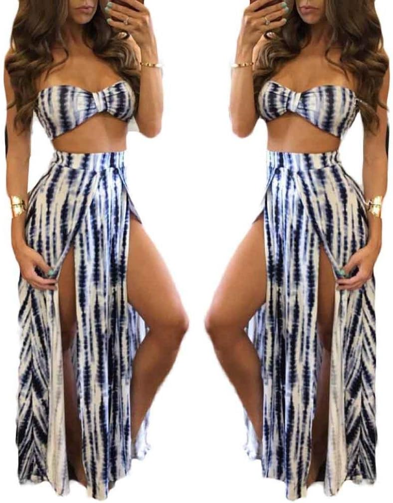 hunpta Irregular Long Skirt, Women Sleeveless Bra Top+Two-piece Outfit Striped Irregular Skirt