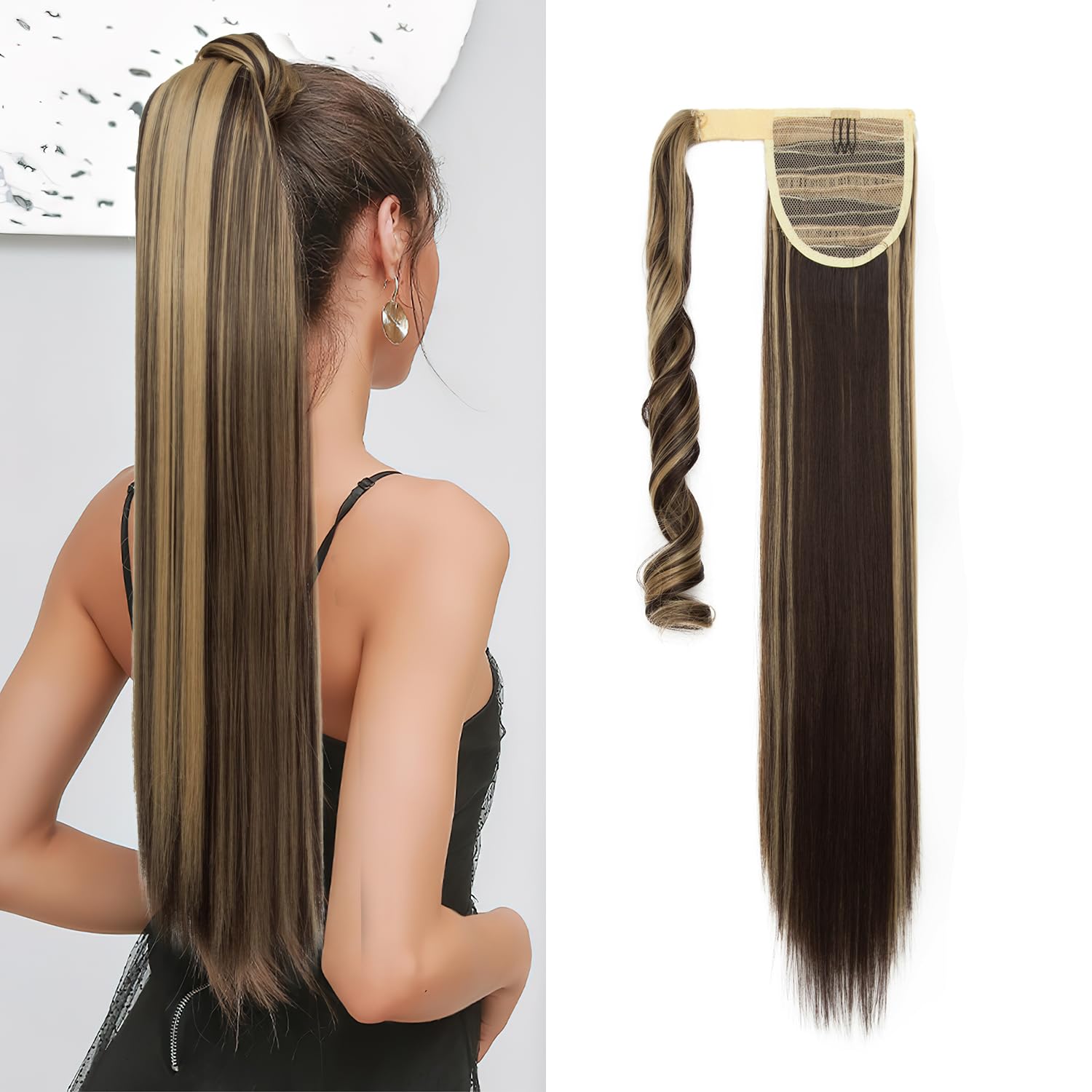 S-noilite® Trendy 23"(58cm) Straight Wrap around Ponytail Clip in Hair Extension Strap Pony Tail Long Popluar Style Dark Brown & Ash Blonde — image 1