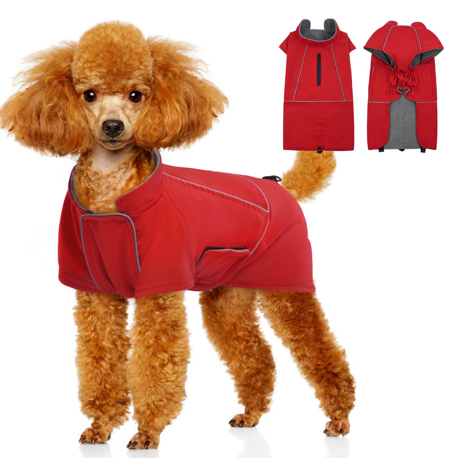 Katzinst Dog Coats Waterproof with Harness Hole, Reflective Fleece Lined Winter Coat, Dog Raincoat, XL Red
