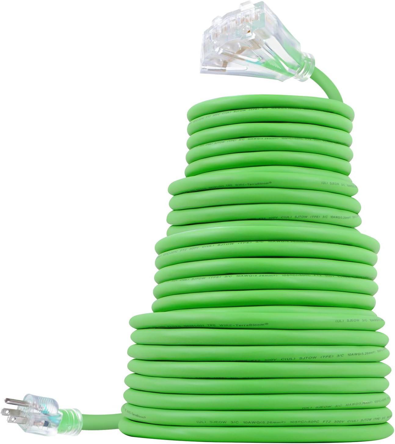 50 FT 10/3 Outdoor Extension Cord - Rubber, Flexible, Triple Outlet, Green Wire with Live Power Light Indicator. 15 Amp