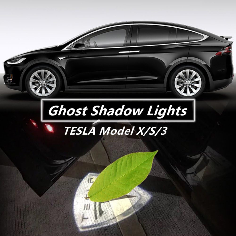 DELEIKA 2pcs No Drilling Changeable Easy Installation Car LED Courtesy Door Projector Light Ghost Shadow Lights For tesla model S model X logo power welcome Lamp - three logo select (creamy-white)