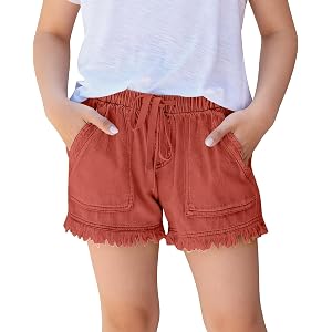 vrvtoov Girl's Raw Hem Jean Shorts Elastic Waist Straight Leg Denim Shorts Washed Distressed Short Pants with Pockets