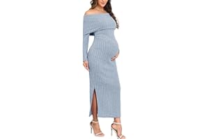 CYCLAMEN Off-Shoulder Maternity Sweater Dress Rib Knit Long Sleeve Dresses with Side Slit Pregnancy Clothes Baby Shower