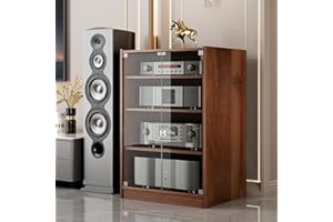 Grufle 4-Tier Media Stand, Modern AV Cabinet with Glass Doors, Height Adjustable, Storage for Entertainment Stereo Component, TV Cabinet (Brown)