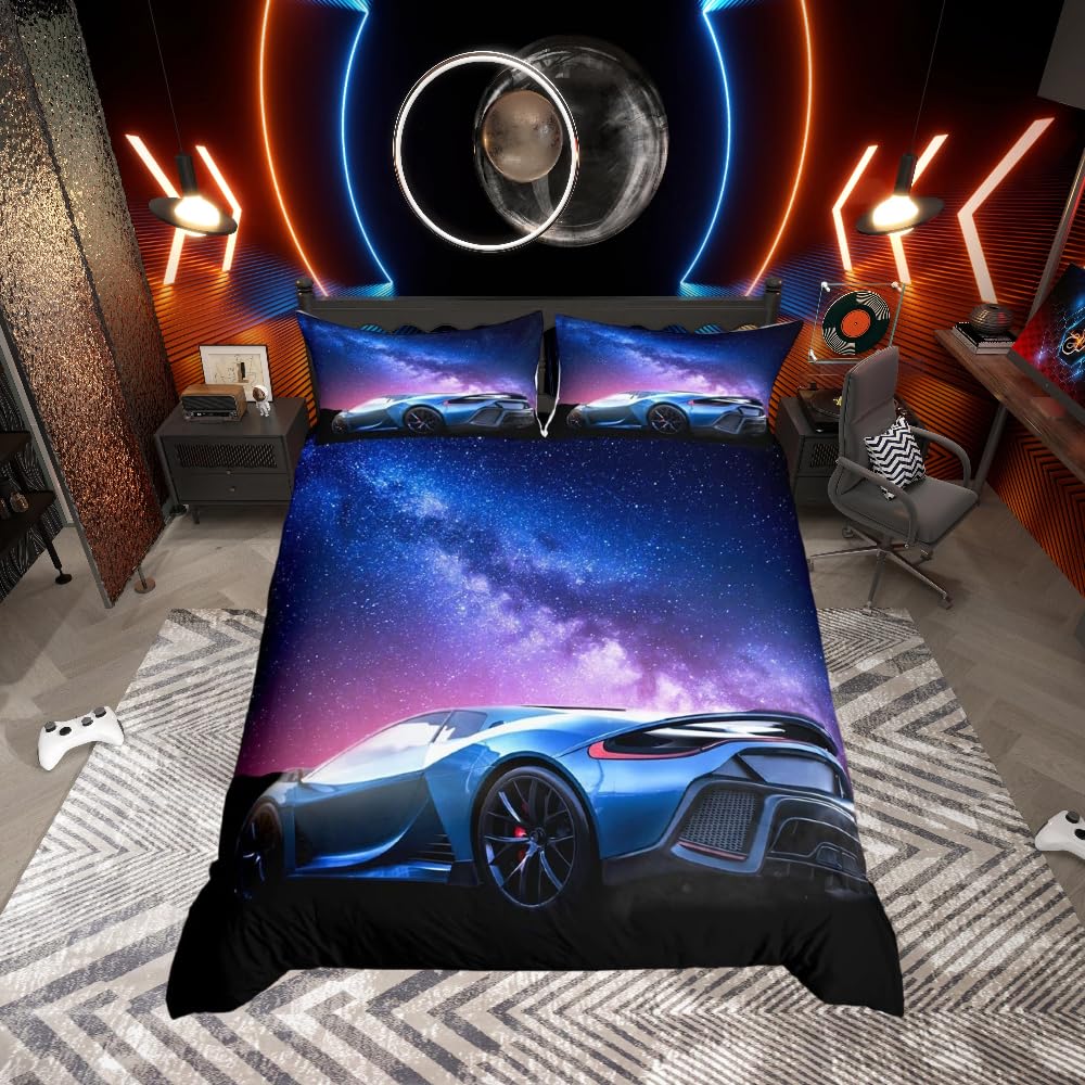 Galaxy Car Duvet Cover Blue Race Car Bedding Set for Kids Boys Girls Teens Universe Starry Sky Sports Car Comforter Cover Extreme Sports Theme Design Bedspread Cover Room Decor 2Pcs Single Size,Zipper — image 1