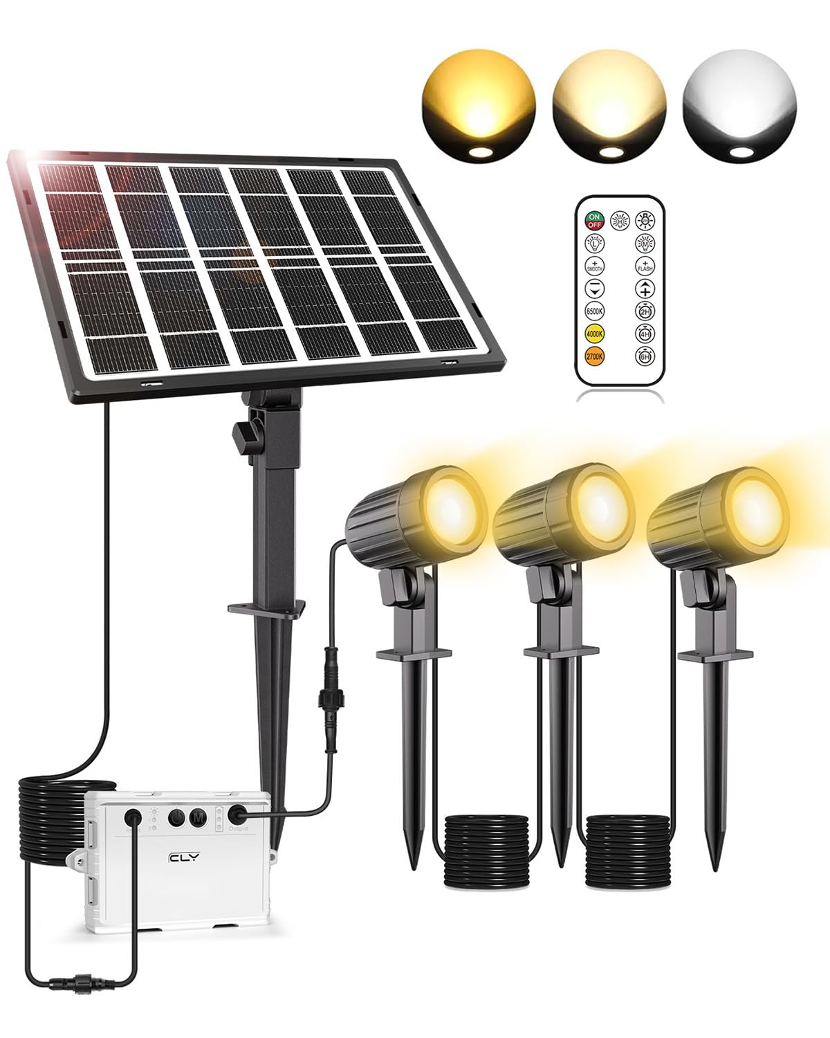 CLV 3 in 1 Solar Spotlights Outdoor Garden, Solar Landscape Garden Spotlights IP66 Waterproof Solar Powered Garden Floodlights Spike Lights 2700K/4000K/6500K with Remote for Garden Pathway Yard Patio