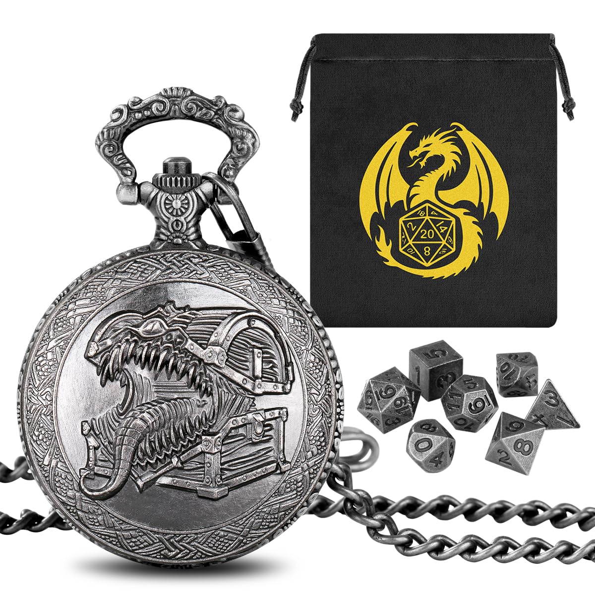 Mini DND Dice Set with Steampunk Tongue Treasure Chest Pocket Watch Shell Case, 7-Piece Polyhedral Metal D&D Dice, DND Gift Bag with Dragon Logo, Role Play Board Game Accessories, Dark Silver