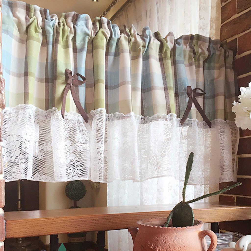 Blue Plaid Valance Lace Bowknot Tier Windows Curtains For Kitchen W*H 51 by 23-Inch