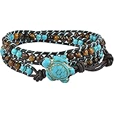 AeraVida Sea Turtle Double Wrap Bracelet with Tiger’s Eye and Simulated Turquoise Beads | Handcrafted Leather Bracelet with Turtle Toggle | Boho Nature-Inspired Jewelry
