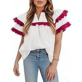 Tankaneo Womens Ruffle Sleeve Babydoll Tops Color Block Summer V Neck Pleated Blouse Dressy Casual Loose Fit Shirts