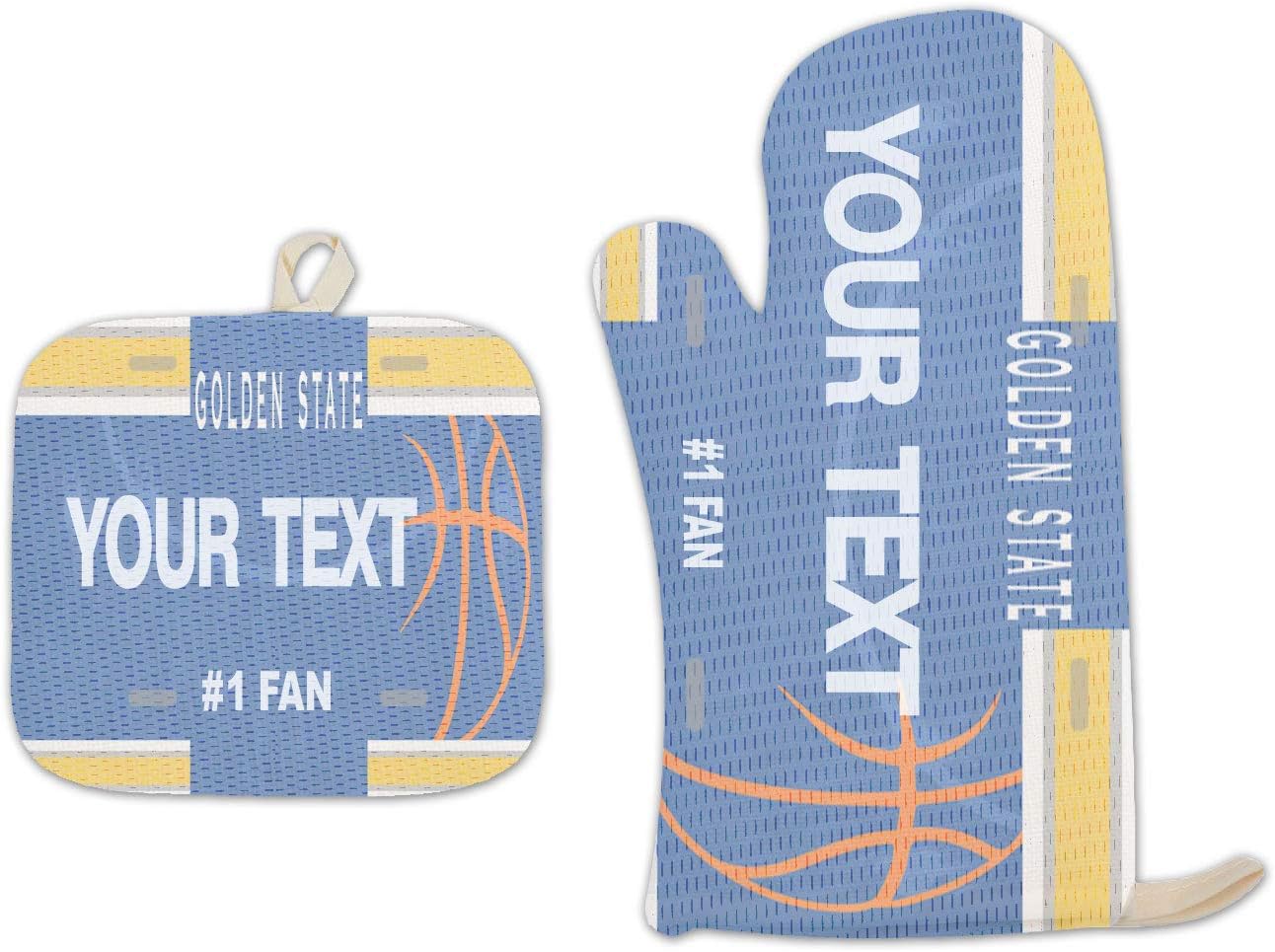 Bleu Reign BRGiftShop Personalized Custom Name Basketball Team Golden State Linen Oven Mitt and Potholder Set