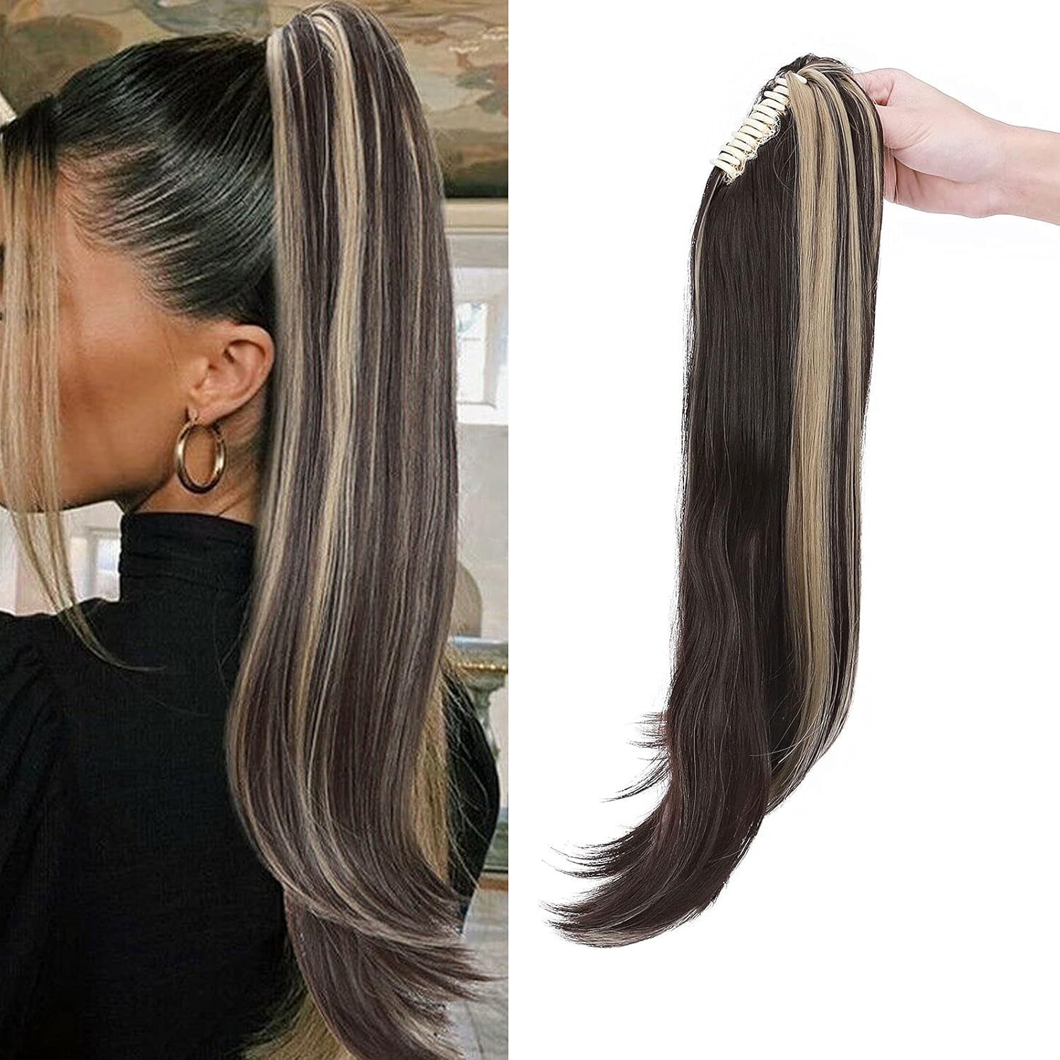 22" Ponytail Extension Long Curly Ponytail Hairpiece Clip in Claw Hair Extensions Natural Looking for Women Dark Brown & Ash Blonde