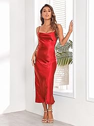 Women's Spaghetti Strap Midi Satin Silk Dresses