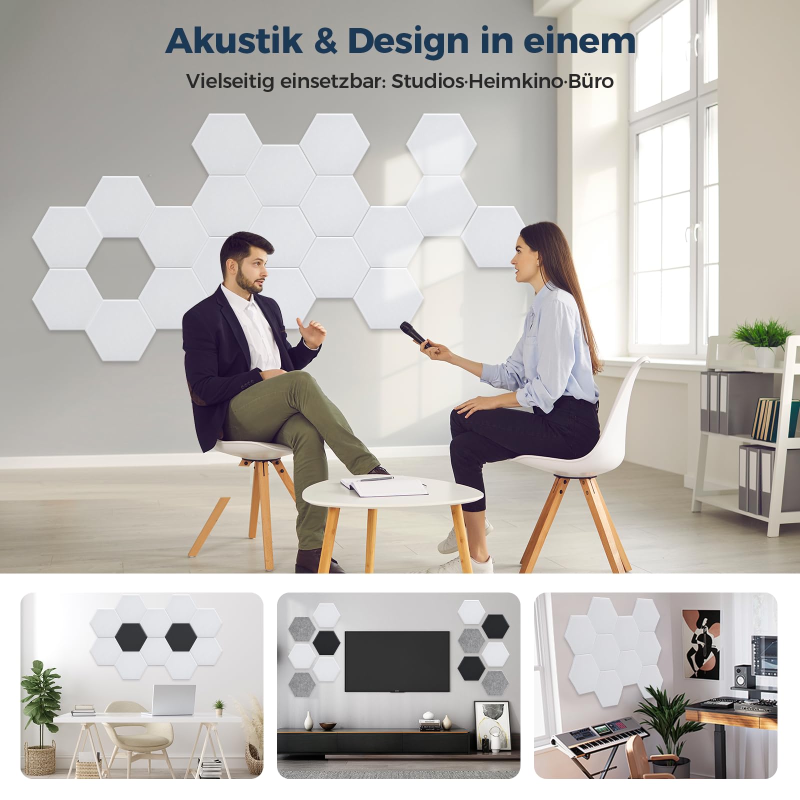 AUSLET 12 Stück Hexagon Akustikplatten Selbstklebend, 30 x 26 x 0,9 cm Hohe Dichte Akustikpaneele, Schallschutzplatten für Studio, Büro, Akustische Behandlung und Gaming deko, Weiß 4
