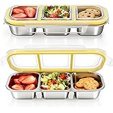 CLFORLORGN 2 Pack Stainless Steel 3 Compartment Snack Containers, Leak Proof Metal Snack Box Containers for Adults, Reusable Stackable Food Storage Containers for Travel, Work, School, Picnic