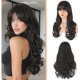 Haloo Brown Wigs with Bangs Long Wavy Layered Haircut Natural Looking Fluffy Synthetic Heat Resistant Hair Wig for Women Daily Party, 24 Inch Dark Brown