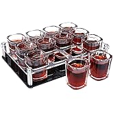 D&Z 2 oz Shot Glass with Holder, Tequila Shot Glass Set, Easy to Carry 12 Heavy Base Glasses without Spilling, Clear Modern Acrylic Server Tray for Wedding,Anniversary,Graduation,Housewarming,Birthday