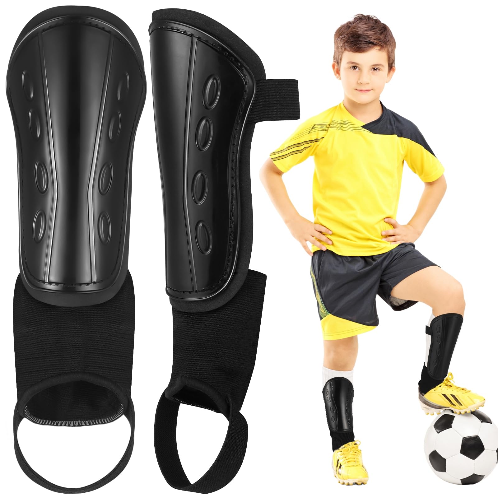 FRIUSATE Football Shin Pads for Boys Kids, Leg Shin Guards with Calf & Ankle Protection for Kids, Footballs Training Equipment for Age 3-14 Youth and Adult Boys Girls Soccer Games(M)
