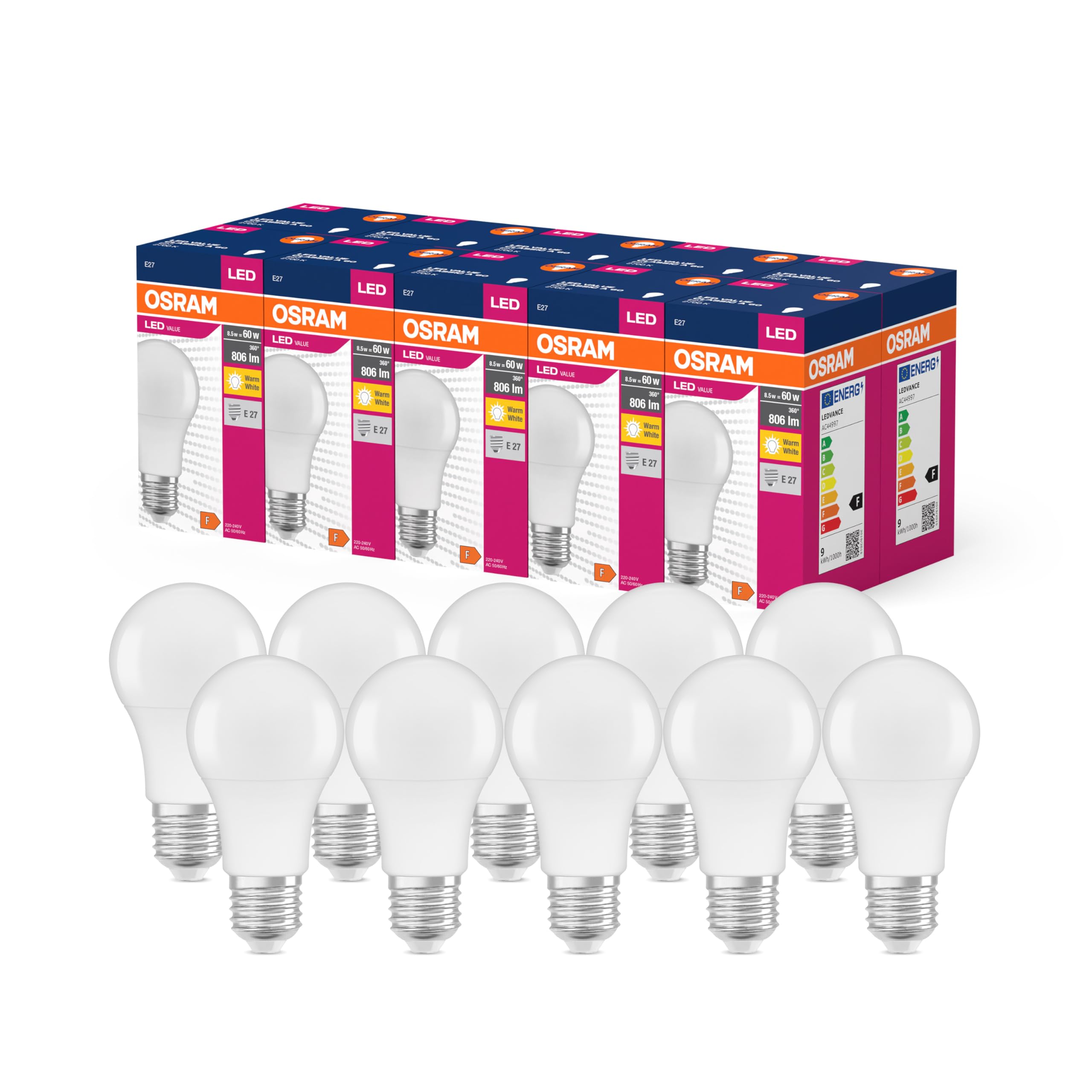 Ledvance Led Star Value Classic A60 Led Lamp for E27 Socket, Pear Shape, Fr, 806 Lumens, Warm White (2700K), Replacement for Conventional 60W Light Bulbs, Not Dimmable, 10-Pack