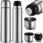 Domensi 2 Pcs Stainless Steel Thermal Bottles, 34 Oz/ 1000 ml, Silver | Stainless Steel Vacuum Insulated, Leak Proof Cup Lid, Keeps Coffee Tea Hot, Portable for Office Travel Outdoor