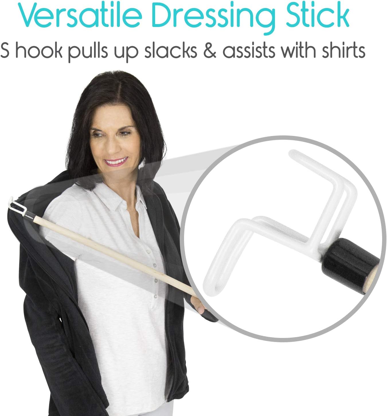 Vive Dressing Stick with Zipper Puller (27 Inch) - Sock Remover Tool - Independent Living Aid - Elderly, Seniors, Disabled, Men, Women - Mobility Helper for Compression Stockings, Dress, Jacket, Pants: Health & Personal Care